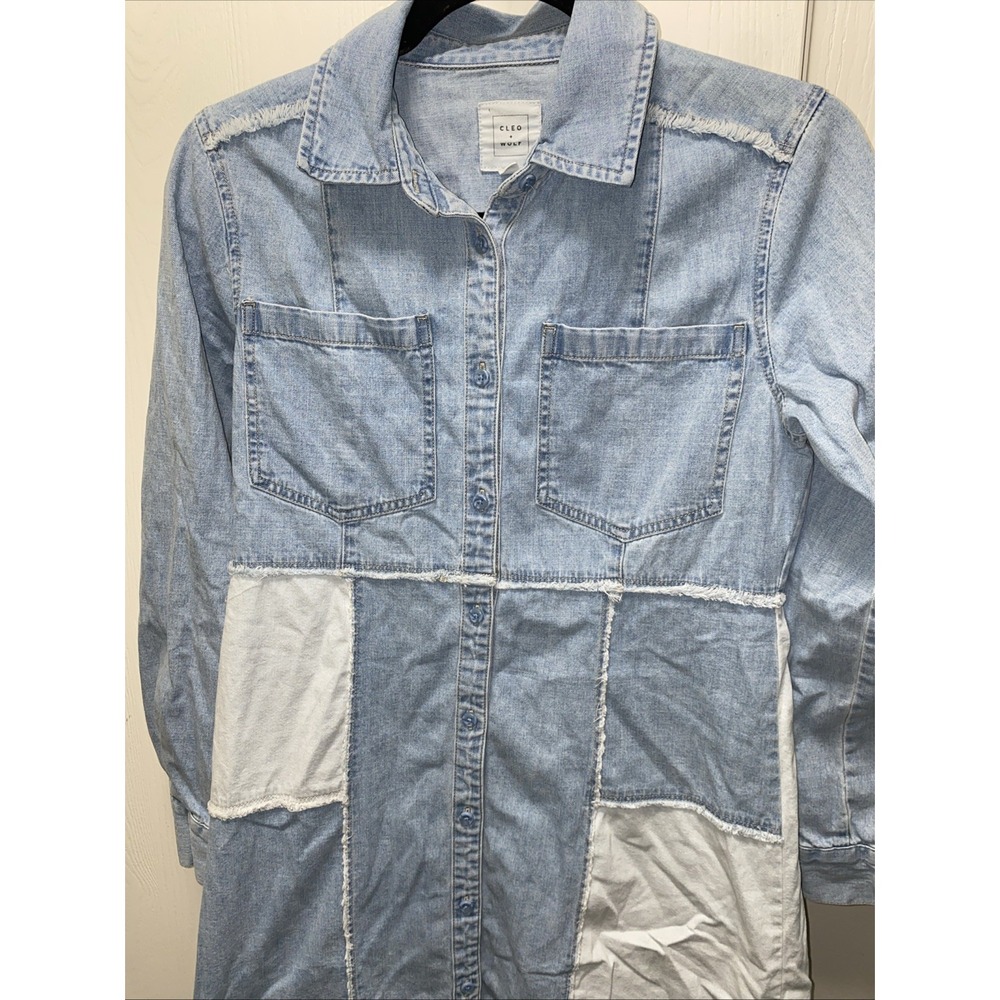 Cleo + Wolf Patchwork Denim Shirt Dress Women's XS Raw Hem Y2K Boho - Picture 6 of 9